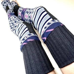 Patchwork Striped Leg Warmers Purple Sweater Knee Socks Gray Knit Thigh Highs OS